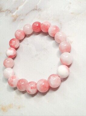 Natural Pink & White Marbled Stone Bead Bracelet High Shine Stretch Bracelet